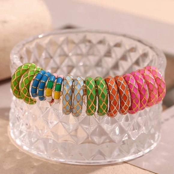 Hot Pink Enamel Geometric Pattern Hoop Earrings 18K Gold Plated Stainless Steel - Picture 8 of 8